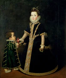 Meisje met een dwerg, vermoedelijk een portret van Margarita van Savoye, dochter van de Hertog en Hertogin van Savoye, c.1595